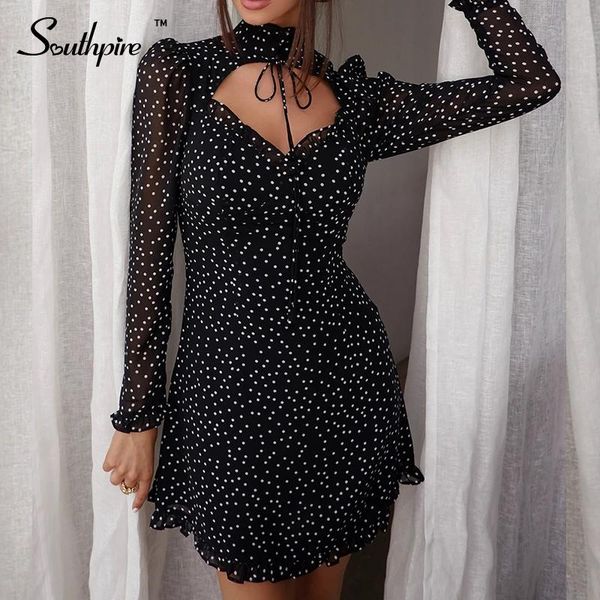 Kleid Southpire Frauen sexy Schnürung Vneck Day Mini Kleider schwarze Polka Dot Chiffon Party Vestidos de Vintage Kleidung