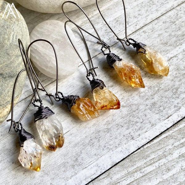 Dangle Küpeler Doğal Citrines Quartz Freeform Point Beads Hook Küpe Kadınlar Kristal Silah Siyah Takı Dropship