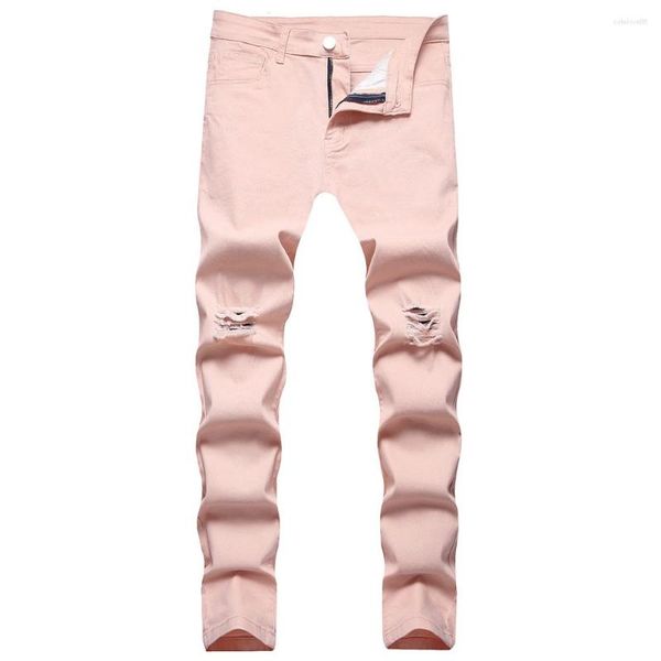 Herrenjeans Herren Slim Denim Y2K Pink Holes Ripped Distressed Pants Gerade Hosen