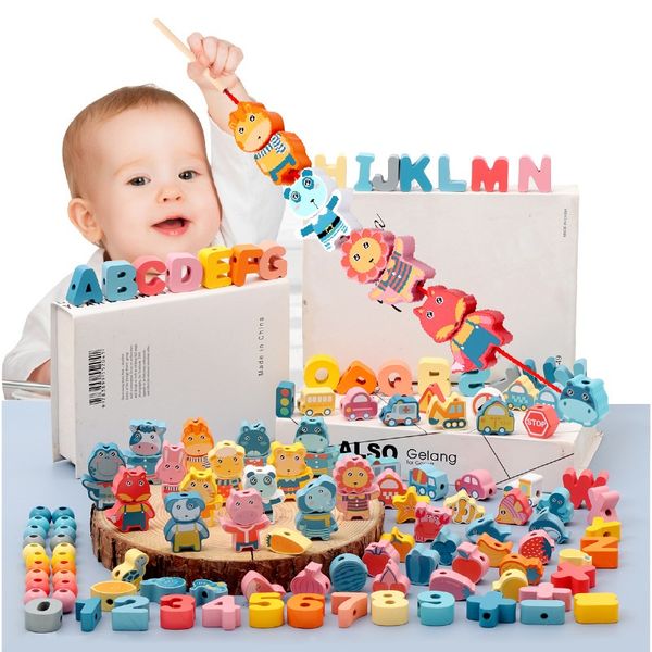 Hölzerne Früherziehungsspaß-Cartoon-Tier-Alphanumerik-Box, handgefertigtes String-Baustein-Set, 29-teilig, Geschenk zum Kindertag