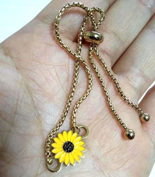 Charm Bracelets 10pcs/lot Sunflower Daisy Charms Bracelet For Women Adjustable Braided Stainless Steel Chain Handmade Jewelry Gift