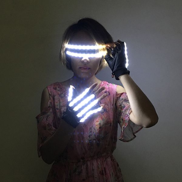 LED-Handschuhe, coole leuchtende LED-Brille und Handschuhe, leuchtendes Kostüm, Neonlicht, blinkende Gläser für Nachtclub, DJ, Tanzparty, Dekoration 230516