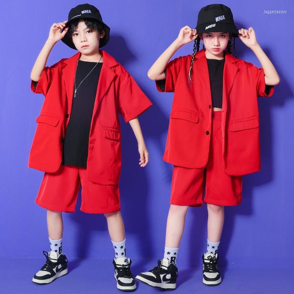Sahne Giyim Çocuklar Kpop Kıyafetleri Hip Hop Giyim Kırmızı Blazer Gömlek Üstler Sokak Giyim Şortları Kız Boy Caz Dans Kostüm Gösterdi
