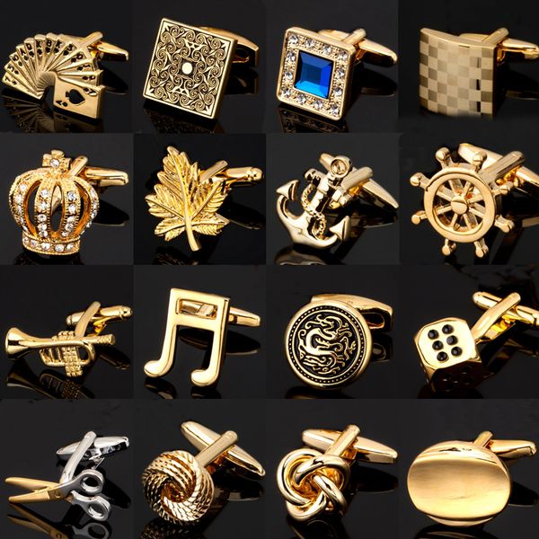 Golden Cufflinks Yeni zar akçaağaç yaprağı müzik oyun kartı altın ejderha kelepçeleri erkekler düğün gömlek rozeti pin hediyeler toptan