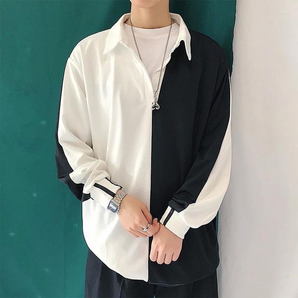 Camicie casual da uomo Camicia di cotone Maschile Autunno Semplice in bianco e nero Qualità Lazy Drape Polo Adolescenti coreani Camicetta a maniche lunghe allentata Uomo