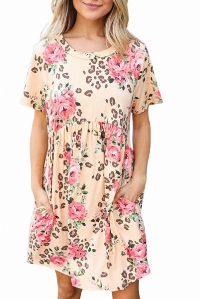 Animal rosa Floral Babydoll Fit Fit T-Shirt Dress S4QF#