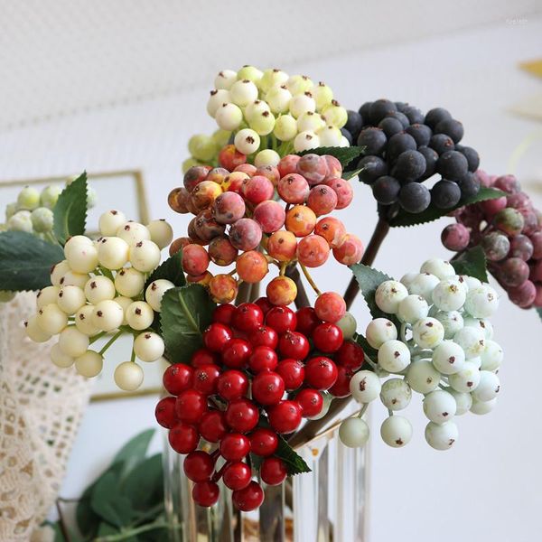 Flores decorativas 35 cabeças de bagas e um ramo mini espuma falsa simulação simulação flores frutas estames cereja pérola casamento diot