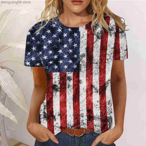 Damen-T-Shirt, Damen-T-Shirt mit amerikanischer Flagge, kurzärmelig, O-Ausschnitt, USA-Unabhängigkeitstag, 4. Juli-Flagge, Retro-Top, lockere Straße, patriotische T-Shirts T230517