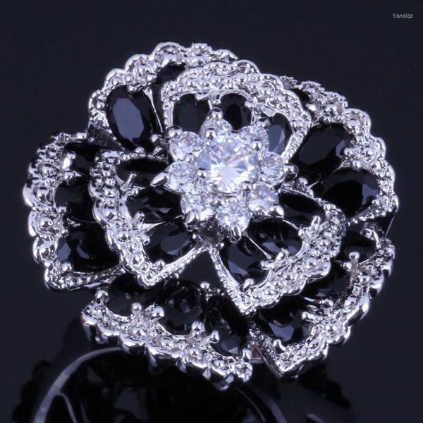 Cluster-Ringe, sehr gut, riesige Blume, schwarzer Zirkonia, weiße CZ, versilberter Ring V0533