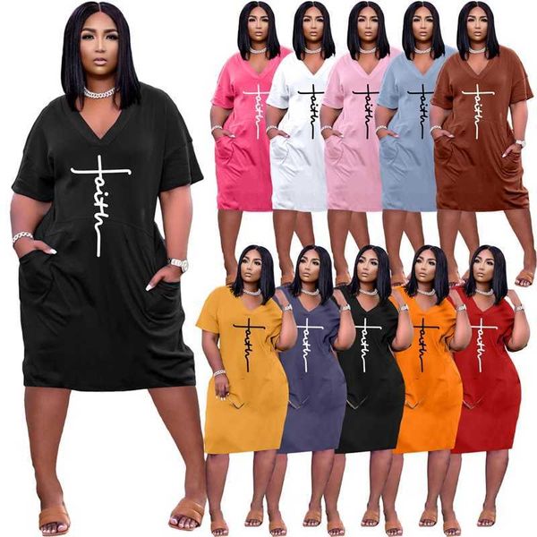 Plus Size 3xl Womens Abbigliamento Designer Dress 2023 Summer Fashion Sexy Lettera allentata stampata con scollo a V Abiti per il tempo libero con tasca 12 colori