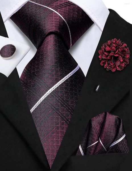 Papillon Cravatta classica a righe bordeaux scuro con spilla Cravatta elegante in seta per uomo Handky Gemello Fashion Wedding Business Party Hi-Tie