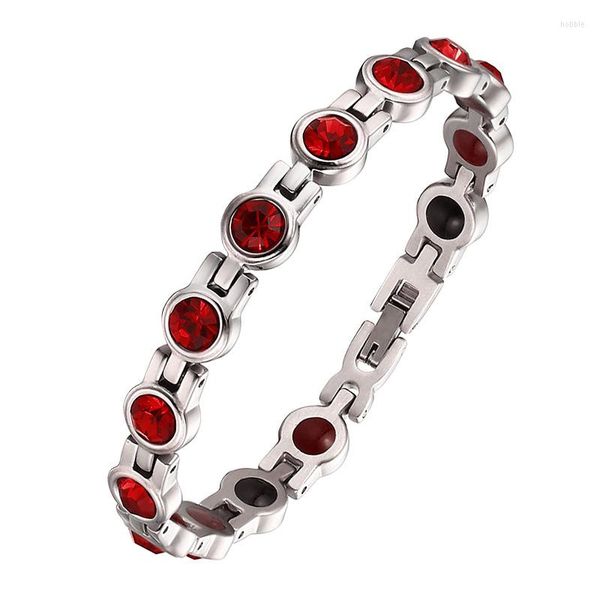 Gliederarmbänder Moocare Klassisch Einfache Mode Bioenergie Magnet Anion Ferninfrarot Edelstahl Rot Zirkon Damenarmband