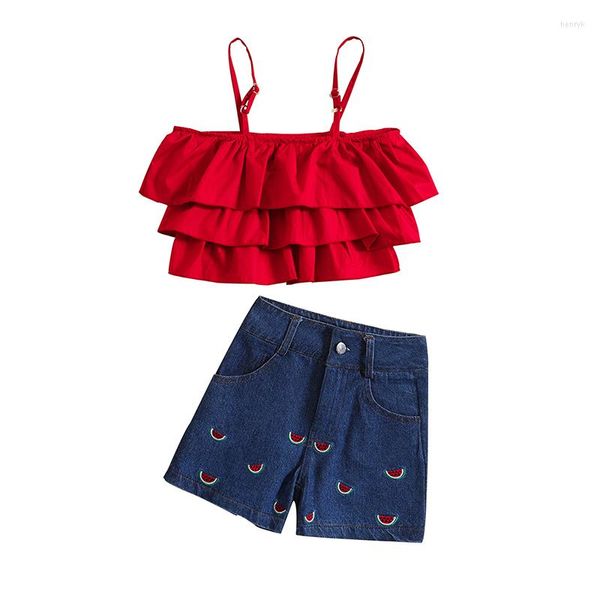 Giyim setleri küçük bebek kızlar sevimli yaz kek kayışı düz renk üstleri, gündelik gündelik için işlemeli kot pantolon