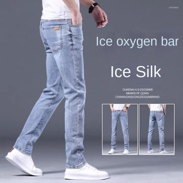 Мужские джинсы высококачественные мужчины 2023 Лето тонкая растяжка Слим Слим Прямой Странство светлые брюки брюки европейские товары прилив
