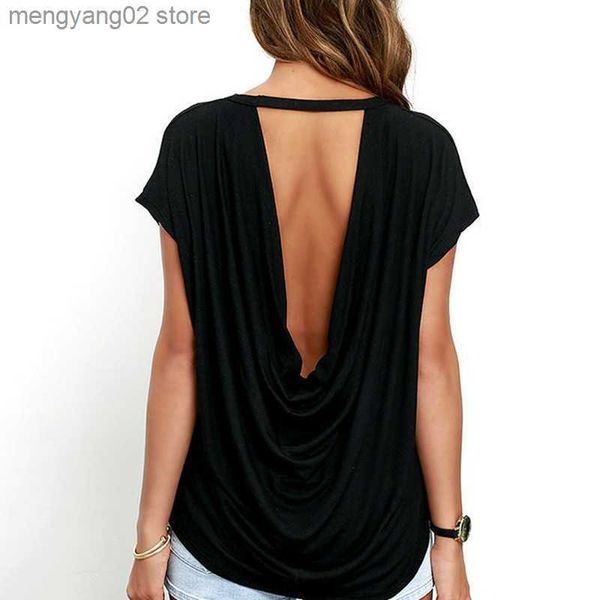 Damen Tanks Camis Mode Open Back T-Shirt Frauen Casual Rückenfrei Kurzarm T-Shirt Sommer Heiße Kleidung Lose O-Ausschnitt Tops T-Shirts Schwarz Weiß T230517