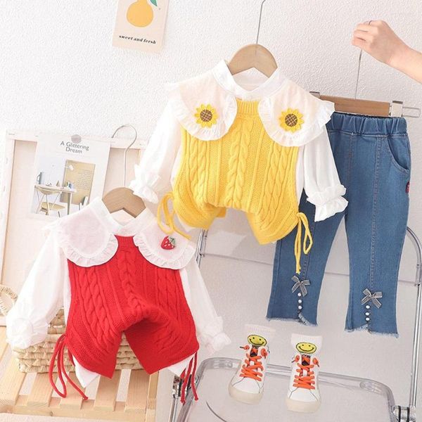 Roupas conjuntos de roupas Meninas Princesa 3pcs Roupas Conjunto de crianças crianças crianças primavera de manga longa malha