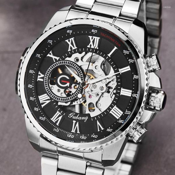 Orologi da polso Sliver Moonphase Skeleton Orologi meccanici sportivi da uomo Orologio da uomo con cinturino in maglia trasparente in acciaio inossidabile