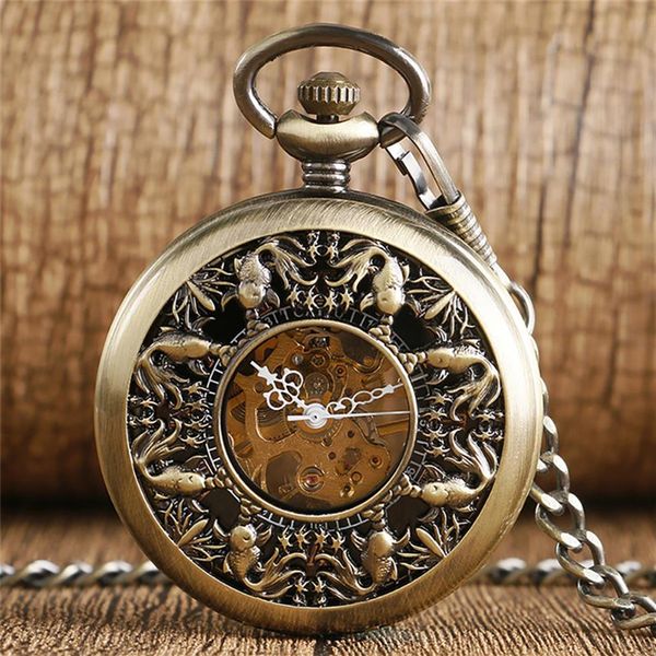 Steampunk Bronze Hollow Out Cute Little Goldfish Cover Handaufzug Mechanische Taschenuhr FOB Skeleton Clock Anhänger Kette für Männer Wo282H