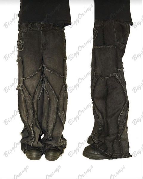 Calça de jeans masculina oeste y2k streetwear solto calças de roupa moderna de estilo esfarrapado cargo punk preto conforto escuro plus size homens 230516