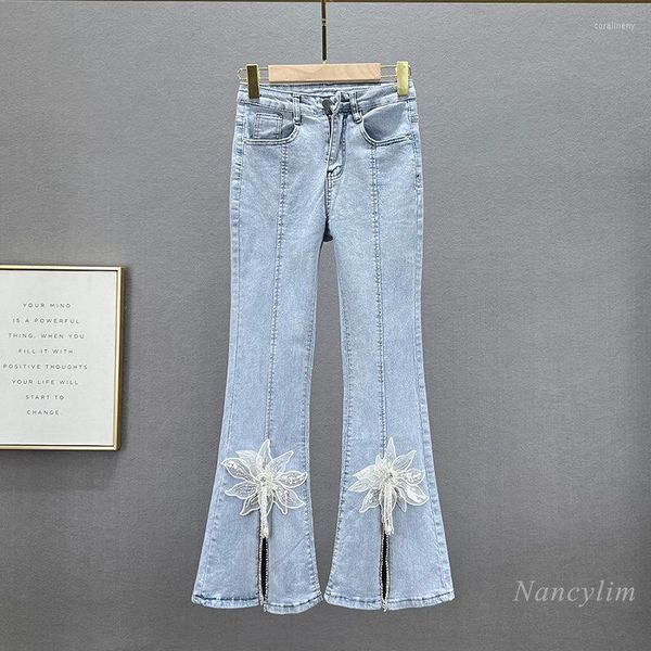 Damen Jeans Diamond Denim Hose Bell-Bottom-Hose Damen 2023 Frühling und Sommer Hohe Taille Abnehmen Split Cropped Skinny