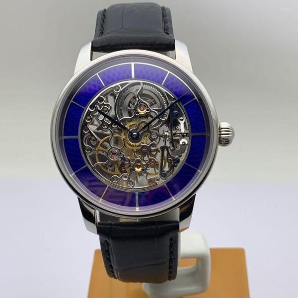 Bilek saatleri Orijinal Pekin Mekanik Saat Erkekler için Gümüş Vücut Emaye Kadran Kılavuzu Sargı 40mm Tam İskelet Sapphire Holwatch Relogio
