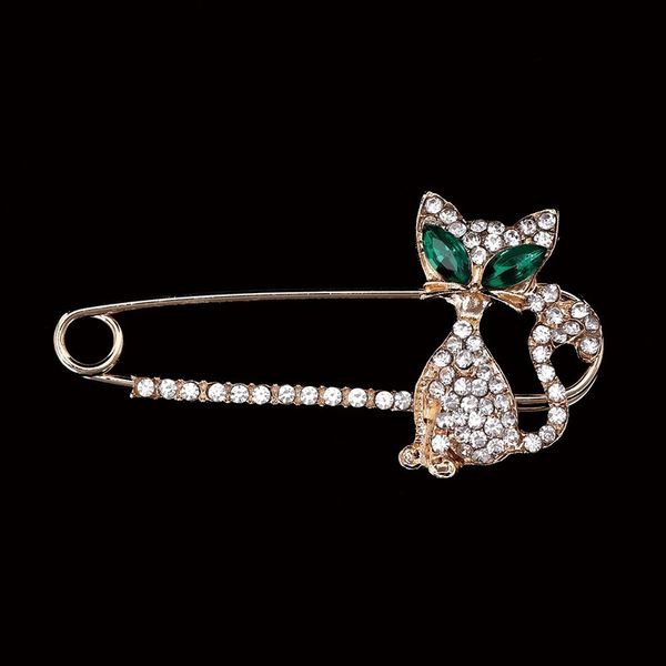 Spille di moda per le donne Spilla di gatto animale Occhio verde Spille di gatto di cristallo Pin Gioielli Strass Sposa Regalo di nozze Lusso