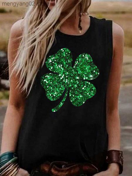 Serbatoi da donna Camis Fashion Glitter Green Clover Portafortuna Canotte da donna T-shirt senza maniche St. Patrick's Day Vest Black Top Summer Casual Tees T230517