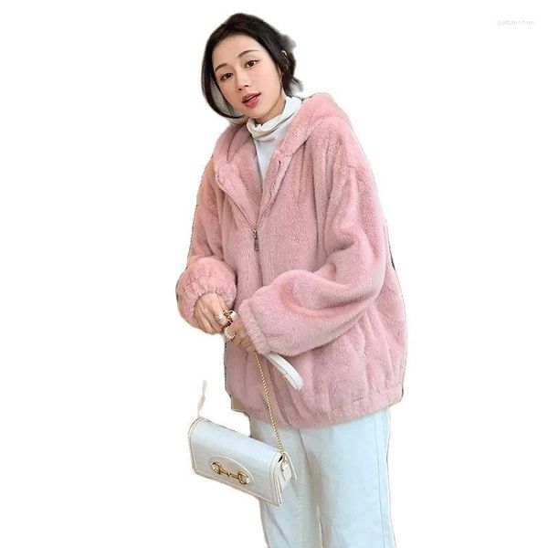 Moda de pele feminina Faux Mink Lã casaco mulheres Autumn Winter Jacket Loose Bordeded Hooded Pink Hairk