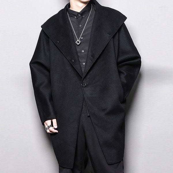 Мужская шерсть мужская молодая рукава с твидовым пальто Свободное Черное Осень Зимнее Британское Дизайн Средний нерегулярный высокий воротник