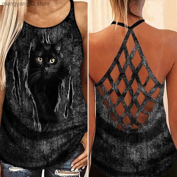 Damen Tanks Camis Black Cat Print Kreuz Open Back Leibchen Sommer Top Frauen Tank Top Frau Kleidung Xs-8Xl T230517