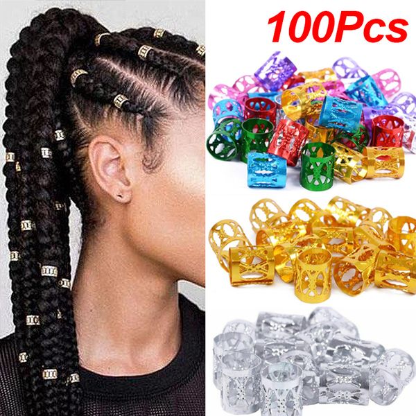 Acessórios para cabelos de cabeça de cabeça 100 pcs de ouro e prata anéis de cabelo de dreadlock de punho de punho de punho ajustável Balas