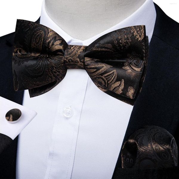 Fliege, schwarz, braun, Herren-Paisley-Krawatte und Einstecktuch-Manschettenknöpfe für Herren, Business-Hochzeit, lässiges, vorgebundenes Fliege-Accessoire