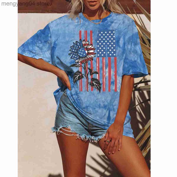 Damen T-Shirt Independence Day T-Shirt Damen Tie Dyed Kurzarm Top American Flag Print T-Shirt Damen T230517