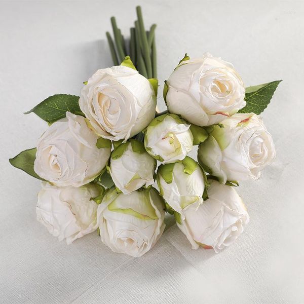 Fiori decorativi Fiore artificiale Tocco reale Seta Bouquet bianco Alta qualità 10 Testa Innamorato rosa per decorazioni per la casa di nozze da sposa