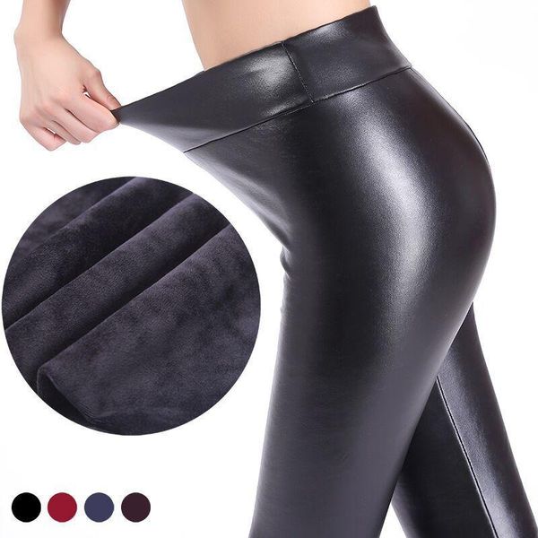 Jeans Lady Autumn Winter Grosso que quente perneiras grande L XL Fitness Faux Leather Leggings Cintura alta Slim Pu Pants Velvet Lápis de lápis