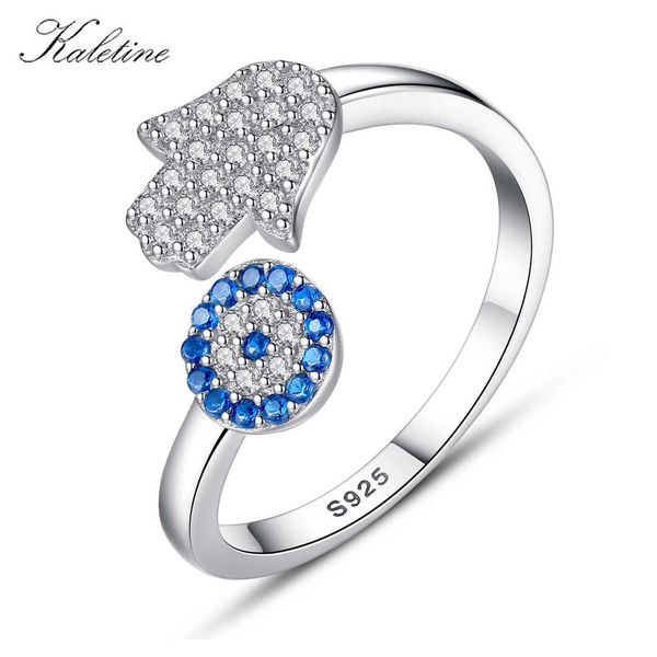 Anéis de banda Kaletine 925 Sterling Silver Mal Ey Eye Blue Hamsa Hand Fatima Hand Anéis fêmeas ajustáveis ​​Tamanho aberto Anel Jóias de casamento J230517