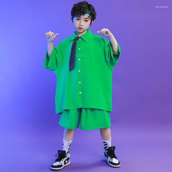 Sahne Giyim Çocuk Punk Kıyafetleri Hip Hop Giyim Yeşil Büyük Boy Tişörtlü Tepeler Kız Erkekler İçin Yaz Şort