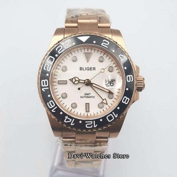 Relógios de pulso 40mm /tampo estéril relógio preto /branco Sapphire Glass Gold Gold Crown Case GMT Movimento Automático Men's Men's