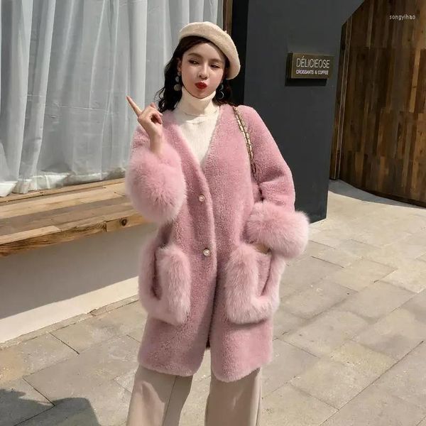 Frauen Pelz 2023 Winter Mantel Nachahmung Schafe Lammfell frauen Abnehmen Lange Rosa Verdickt Oberbekleidung Manteau Femme