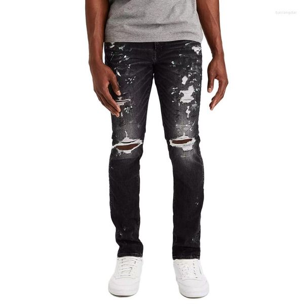 Herrenjeans 22ss High Street Fashion Ink Splash Print Ripped Cotton Elastic Mid-Taille Enge Herren Y2k Bleistifthose