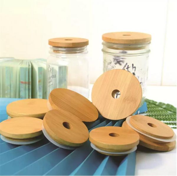 Bambu Jar Tumbler Kapak Kupası Kapak Kupa Kapağı İçki Sıçır Sıçraması Dökülmesi Kanıtı Üst Silikon Conta Halkası Boya Kaplama Kalıpsız Dia 70mm/86mm İsteğe Bağlı Saman Deliği G0517