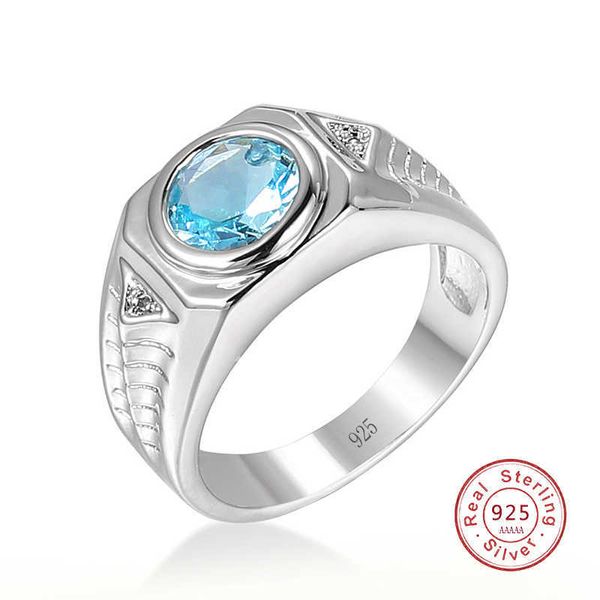 Anéis de banda Men Aquamarine Gemtones Blue Zircon Rings For Men Vintage Luxury S925 Sterling Silver Jewelry Bijoux Bague para presentes J230517