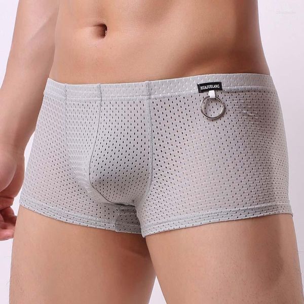 Unterhosen Marke Herren Boxer Unterwäsche Sexy Durchsichtig Hohl Mesh Boxershorts Mann Männlich Höschen Metall Ringe Homosexuell Dessous Cuecas