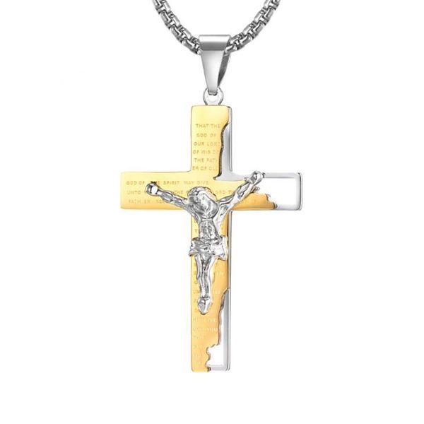 Colares pendentes de aço inoxidável Cristo Jesus Cruz Gold Bíblia Religiosa Verso Colares Presente de Jóias de Moda para ele com ChainPenda