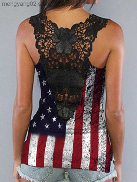 Женские танки Camis сексуальные кружевные сплайсинговые майки рубашки для женщин Американский флаг американского флага открытый вырез на вершине Cami Summer Blouse Racerback Tank T230517