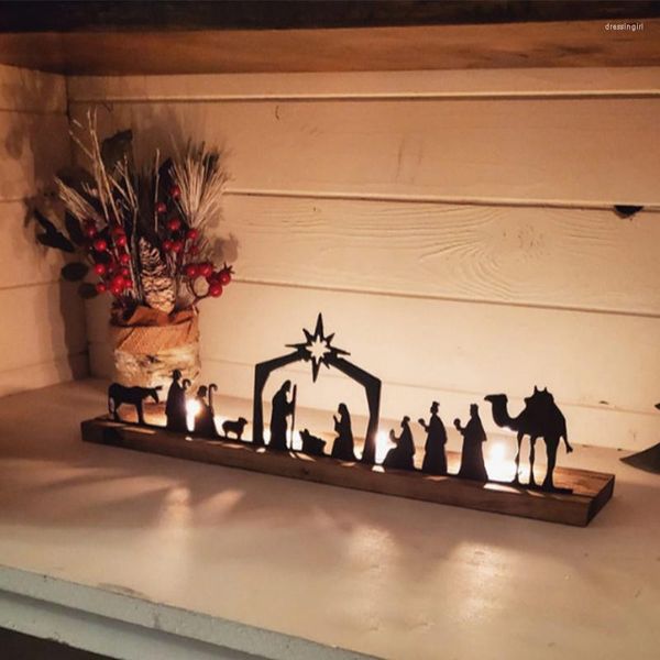 Titulares de velas Cena da natividade Tealight Holder Metal Silhouette Wooden Birth of Jesus Ornament Christmas Gifts Crafts Decoração de casa