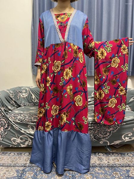 Ethnische Kleidung Afrika Frauen Dashiki Demin Stoff Kleid Muslimischen Maxi Dame Robe Lose Langarm Kaftan Vestidos Islamischen