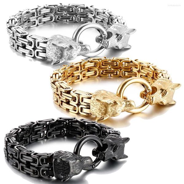 Braccialetti a maglie Lupo Fibbia Catena cubana bizantina per uomo Hiphop Bracciale colore oro/argento/nero Gioielli in acciaio inossidabile Accessori rock