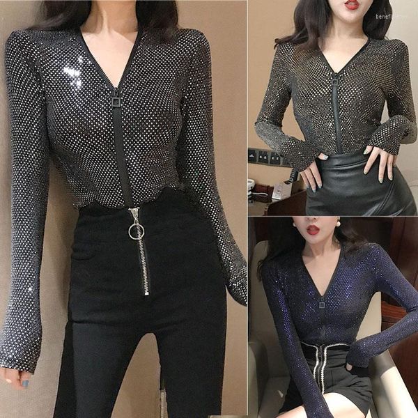 Женские футболки T 2023 Spring Fall Women v Neck Golden Silver Blue Seerquins Sexy Club Top Рубашка Женская модная эластичная блестка