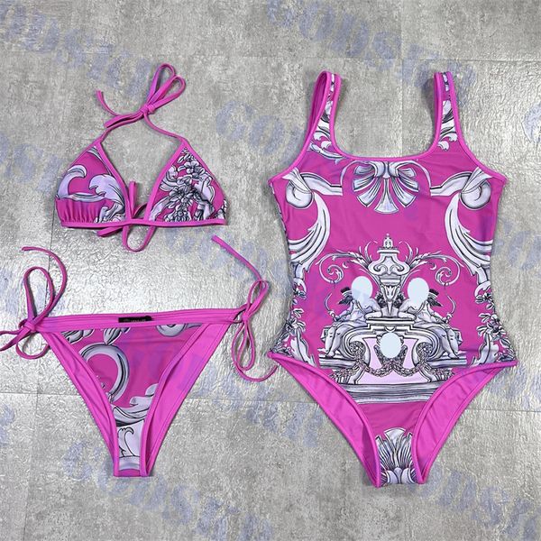 Женские розовые бикини винтажные рисунки купальники.